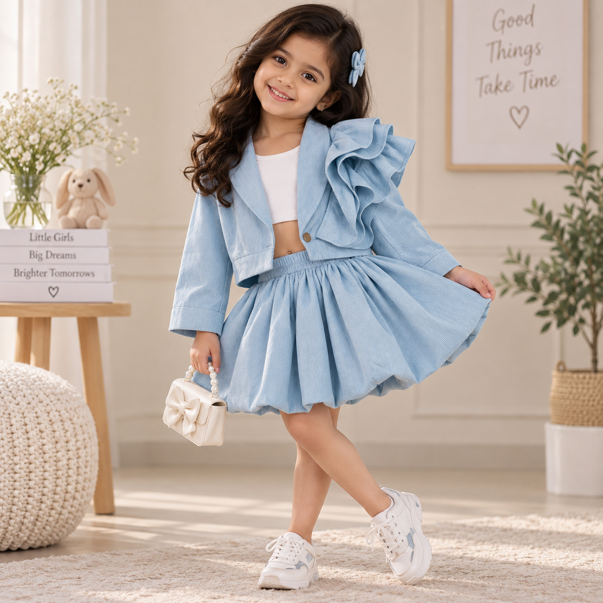 Blue Lace Jacket & Petal Skirt Set