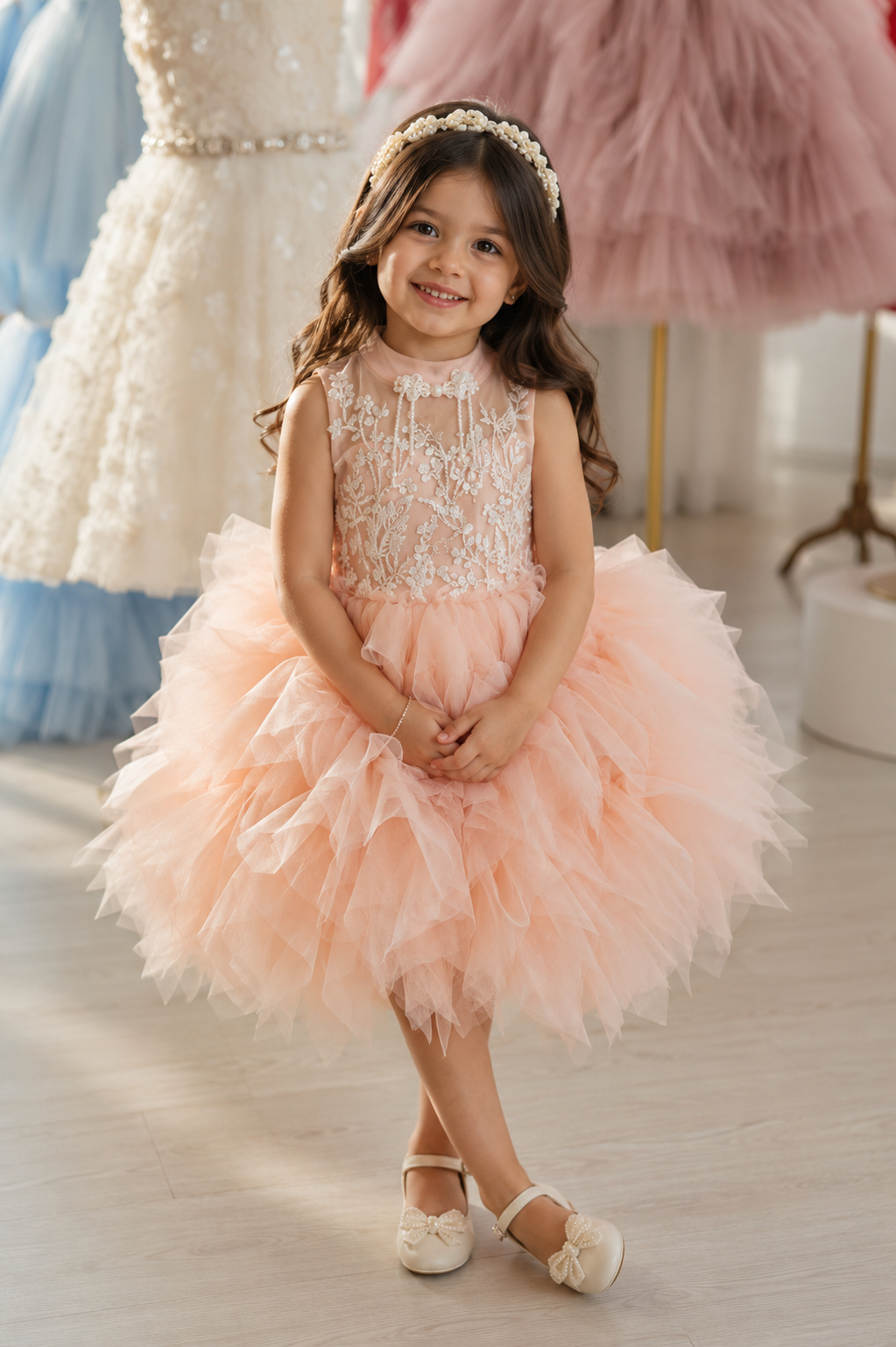 Girls Peach Floral Embroidered Tulle Ball Gown