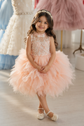 Girls Peach Floral Embroidered Tulle Ball Gown