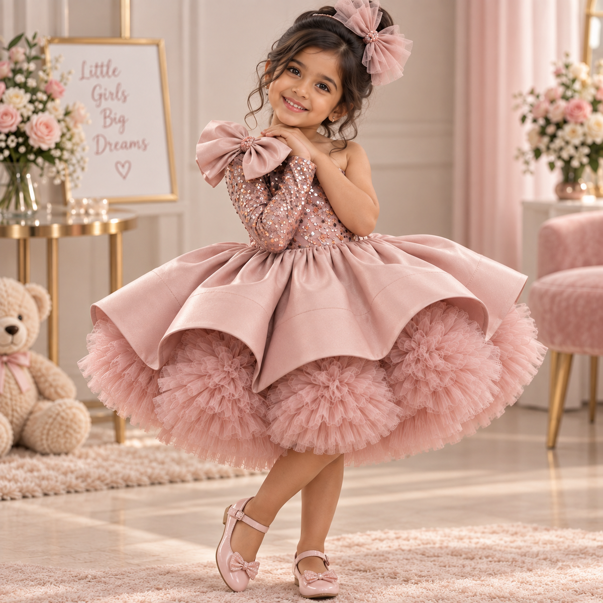 Disney-Inspired Girls' One-Shoulder Sequin Princess Gown with Oversized Bow