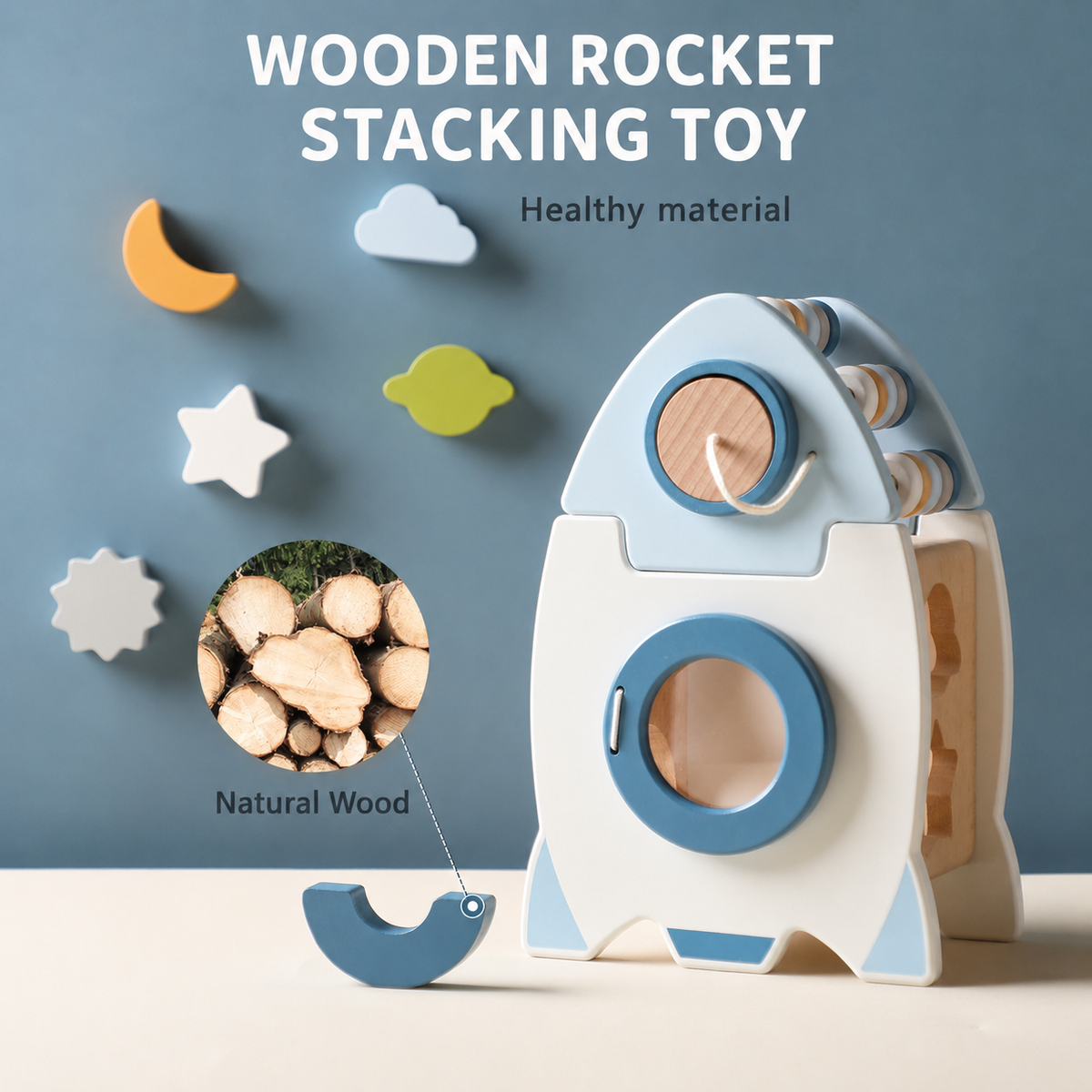 Wooden Rocket Stacking Toy – Montessori Learning & Fine Motor Skills Activity