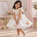 Girls Ivory Satin Ball Gown  3D Floral & Pearl Embellished Party Dress