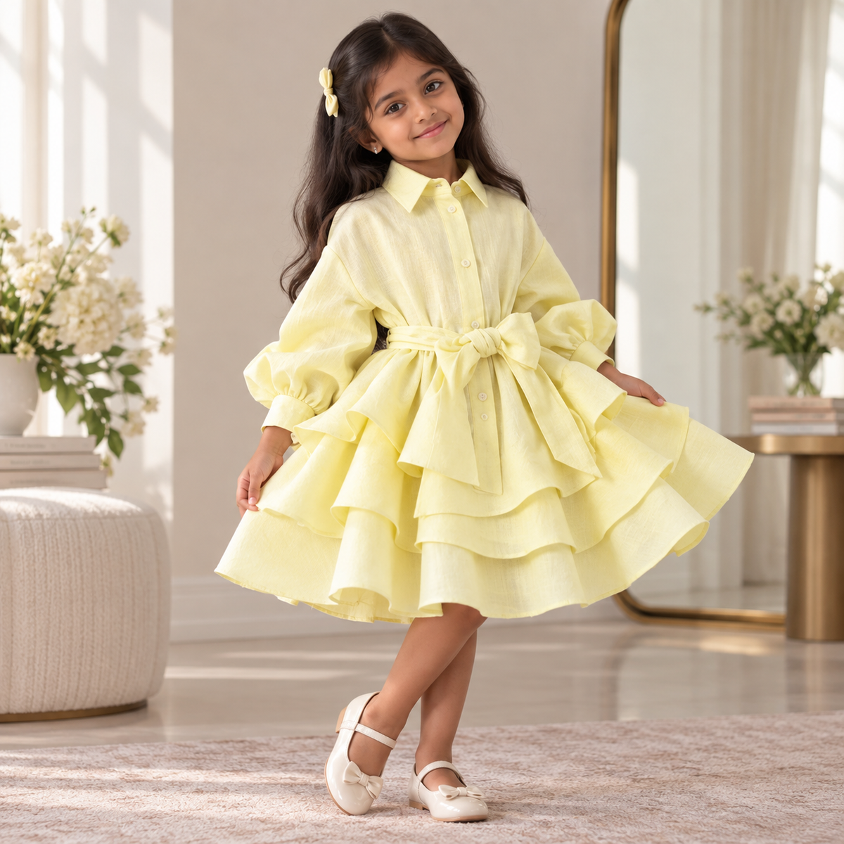 Linen Ruffled Princess Dress with JK Belt
