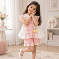 2026 New Summer Style Girls' Korean-Style High-End Pink Lace Collar Sleeveless Top and Shorts Set Two-Piece Set
