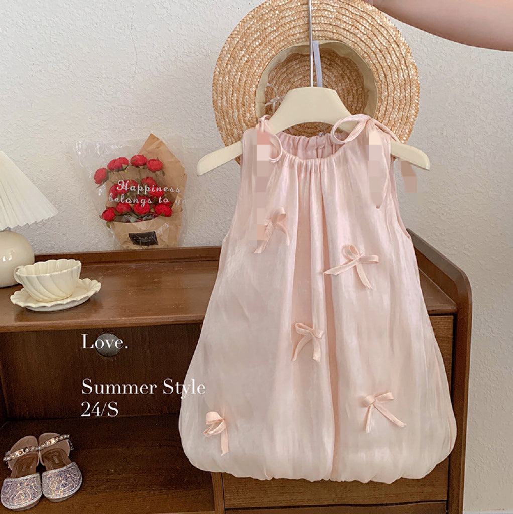 Disney-Inspired Girls' Summer Bow & Floral Princess Dress - Korean Style