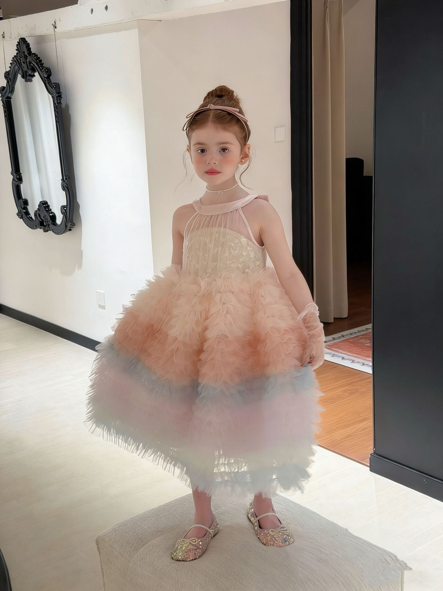Girls' Gradient Mesh Cake Skirt Summer Halter Neck Sleeveless Princess Dress Children's Birthday Dress Stylish Puffy Skirt