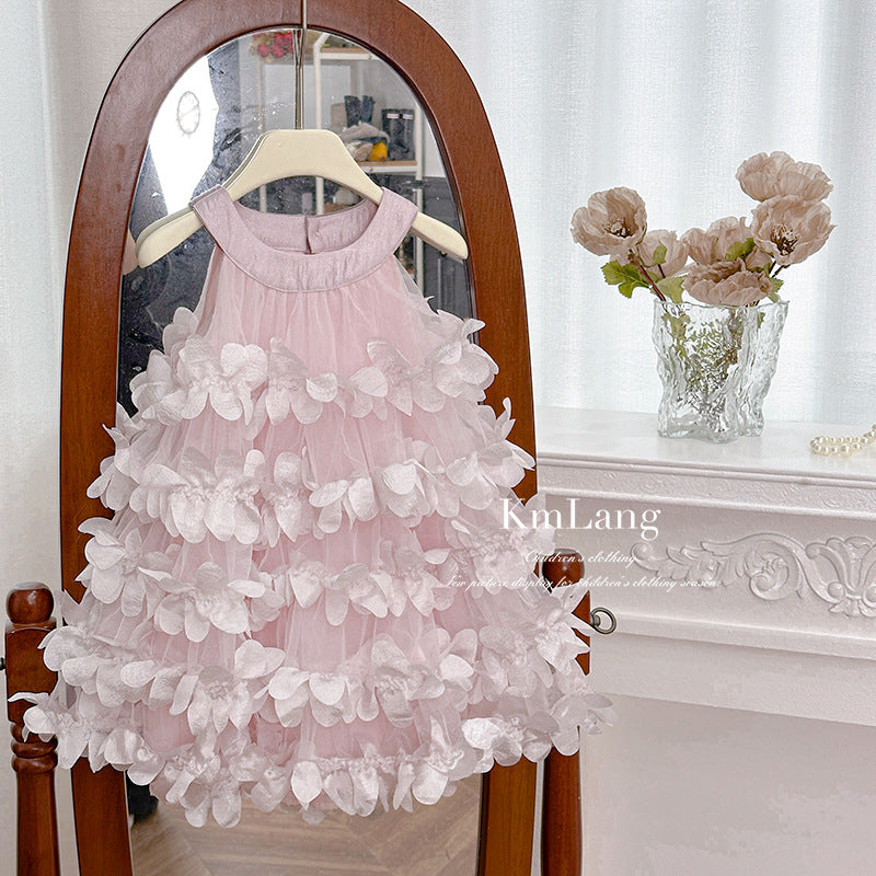 Disney-Inspired Girls' Floral Halter Neck Layered Cake Dress - 2026 Summer Korean Style Mesh Birthday Tower Skirt