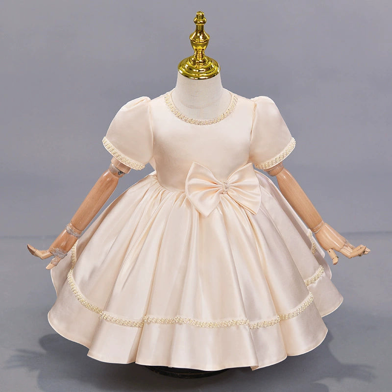 Factory Direct Sale In-Stock Champagne-Colored Satin Girls' Dress with Pearl Bow and Long Sleeves, Baby's First Birthday Princess Dress