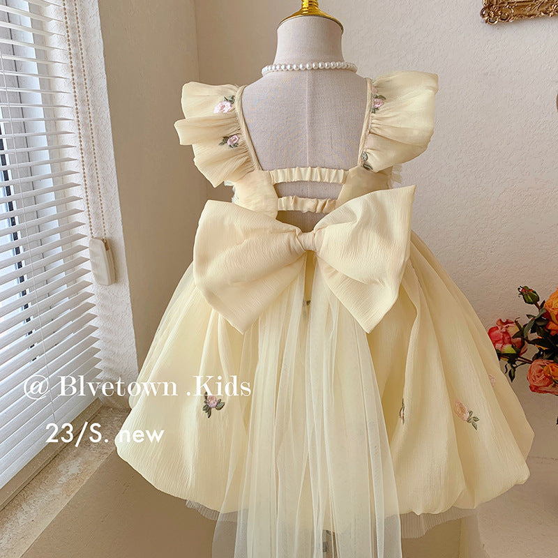 Disney-Inspired Girls' Summer Princess Mesh Dress with Large Bow - 2026 Fairy Suspender Skirt