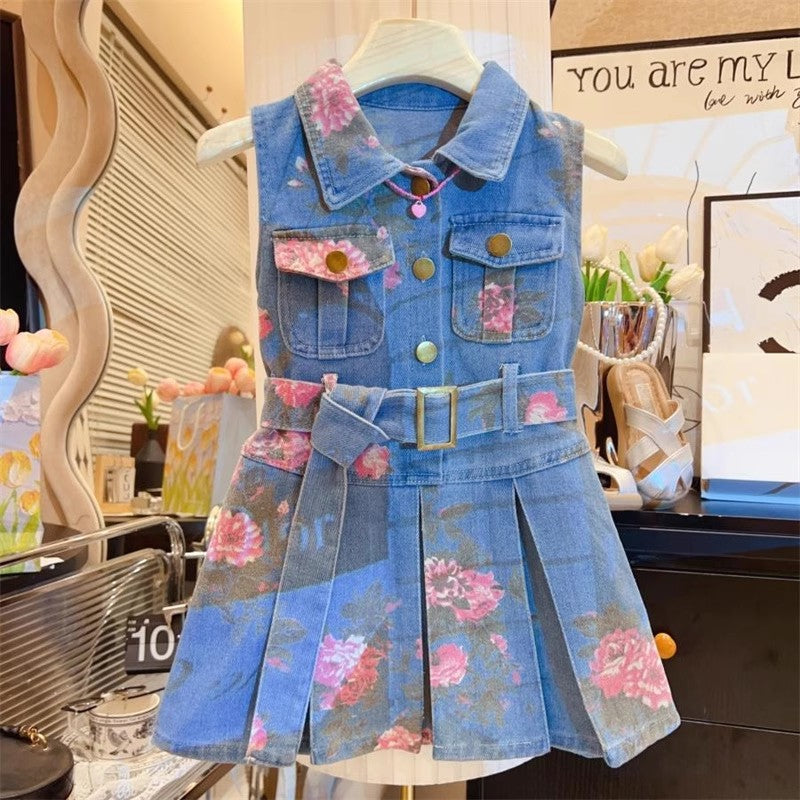 Girls Korean Summer 2025 Fashion Sleeveless Princess Denim Dress for Kids