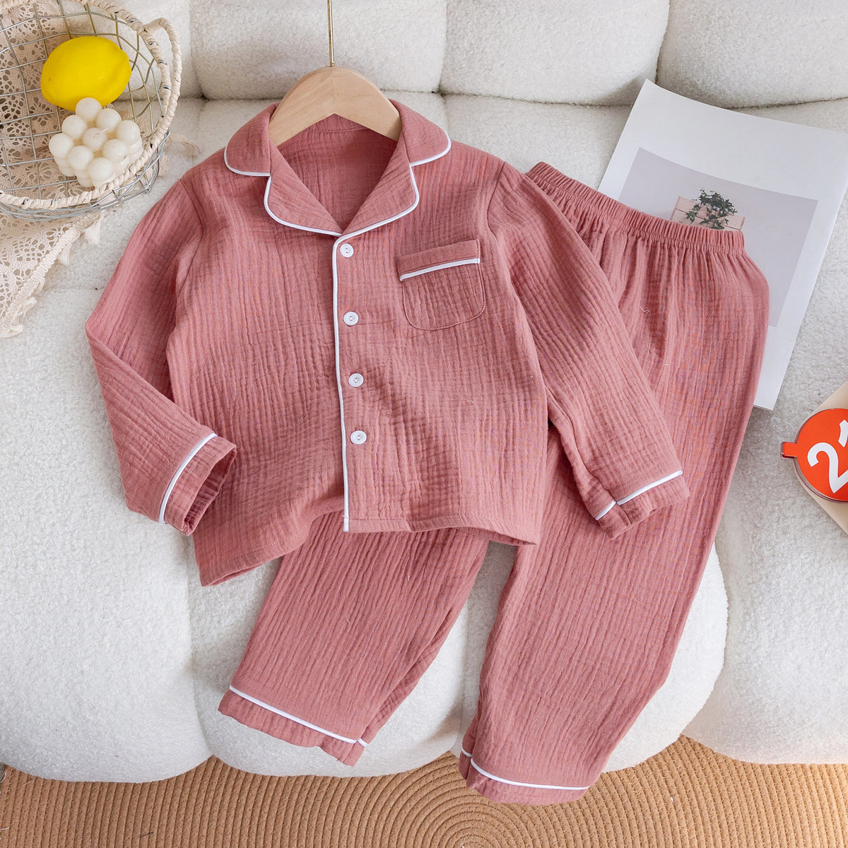 Children's Pajamas Class a Pure Cotton Printed Long-Sleeved Cardigan Lapel Set Cartoon Printed Pajamas Cute Kidsren's Clothing Set