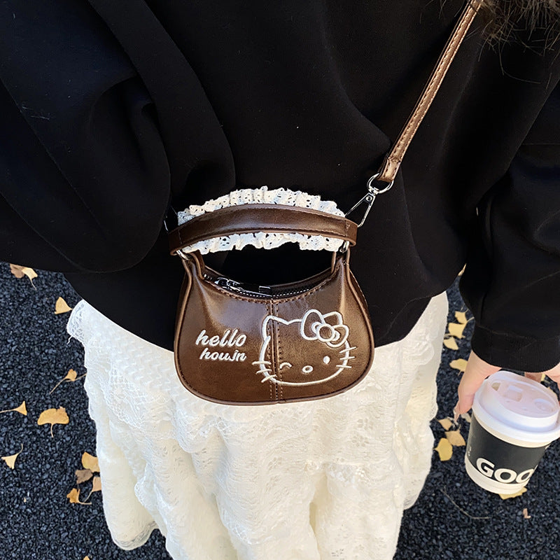 Children's Bag New Cartoon Cute Kitten Embroidered Mini Armpit Bag Girls Parent-Child Lace Hand-Held Crossbody Bag