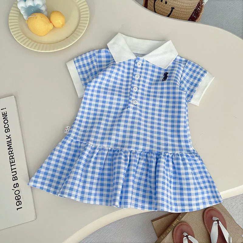 Summer Plaid Skirt Korean Children's Clothing Pink and White Plaid Polo Casual Stylish 2026 New Sweet Girl's Dress