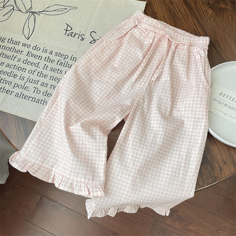 Girls' Summer Outfit 2026 New Korean Style Bowknot Short-Sleeve T-Shirt with Plaid Lace Wide-Leg Pants Two-Piece Set