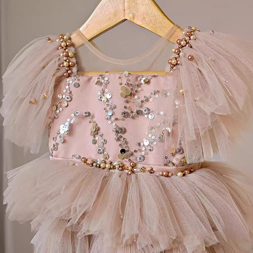 Girls' Dress 2026 New Style Sequined Layered Bow Children's Dress Puffy Mesh Princess Dress Catwalk Performance Outfit