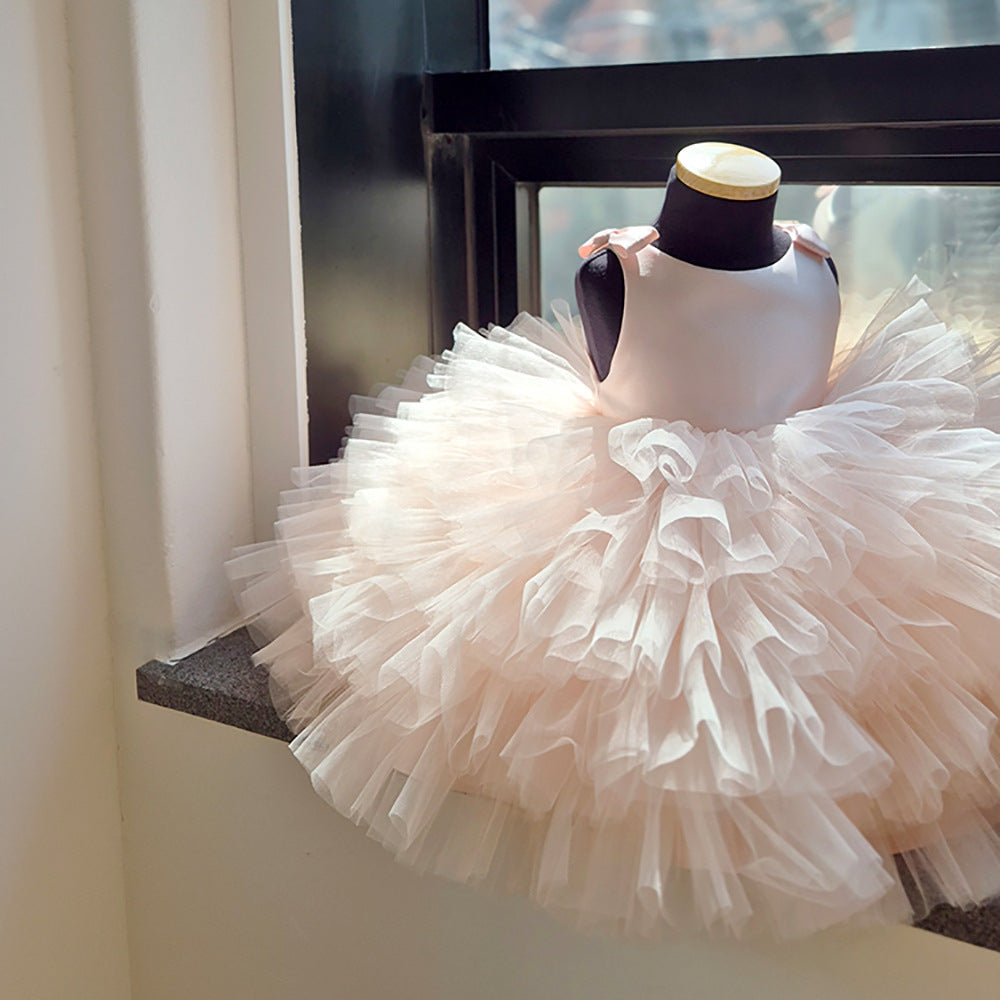New Korean Style Mesh Baby Girl's One-Year-Old Dress, Birthday Style Flower Girl Princess Dress, Fluffy Gauze Cake Dress