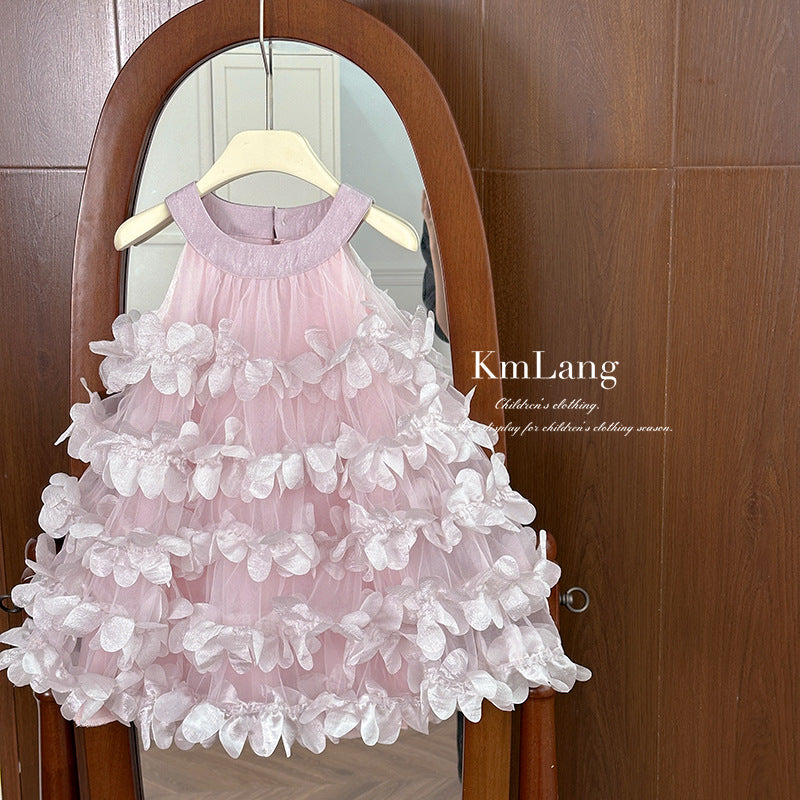 Disney-Inspired Girls' Floral Halter Neck Layered Cake Dress - 2026 Summer Korean Style Mesh Birthday Tower Skirt