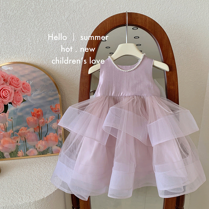 Enchanted Summer Dreams: Girls' Mesh Patchwork Suspender Dress - Disney-Inspired Korean Style