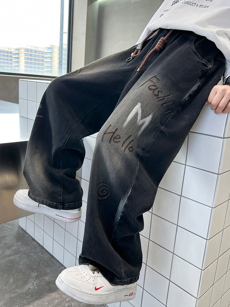 Boys' Jeans for Spring and Autumn, New Stylish Children's Long Pants, Trendy Loose Fit for Older Boys, Export Style