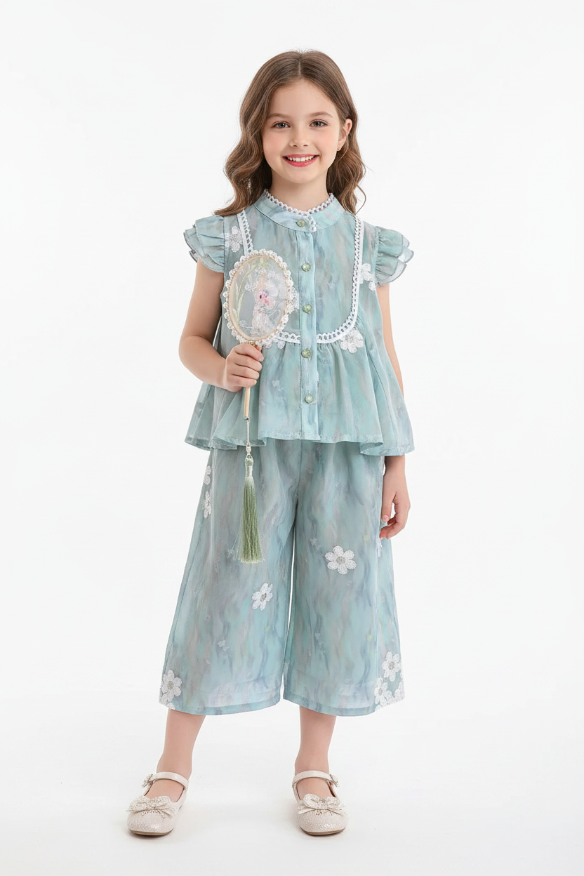 Embroidered Lace Vest & Wide Leg Pants Set