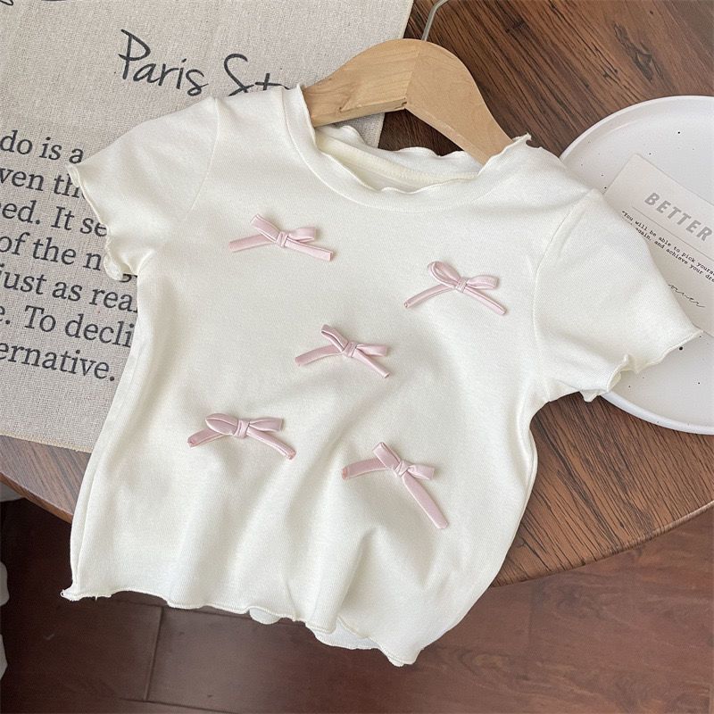 Girls' Summer Outfit 2026 New Korean Style Bowknot Short-Sleeve T-Shirt with Plaid Lace Wide-Leg Pants Two-Piece Set