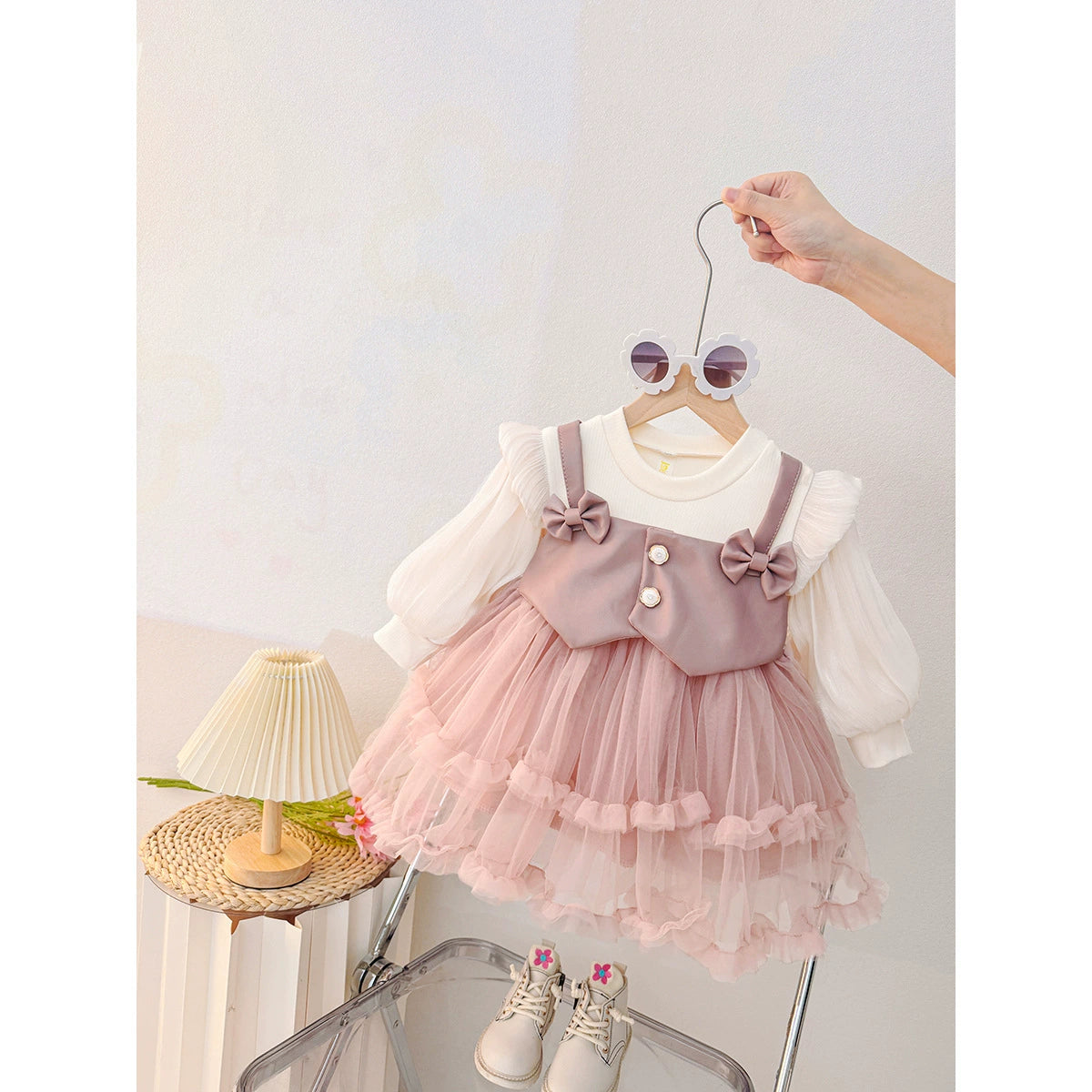 Spring Girls Dress 2025 New Mesh Long-Sleeved Spring Korean Style Fashionable Pure Color Foreign Style Baby Girl Skirt