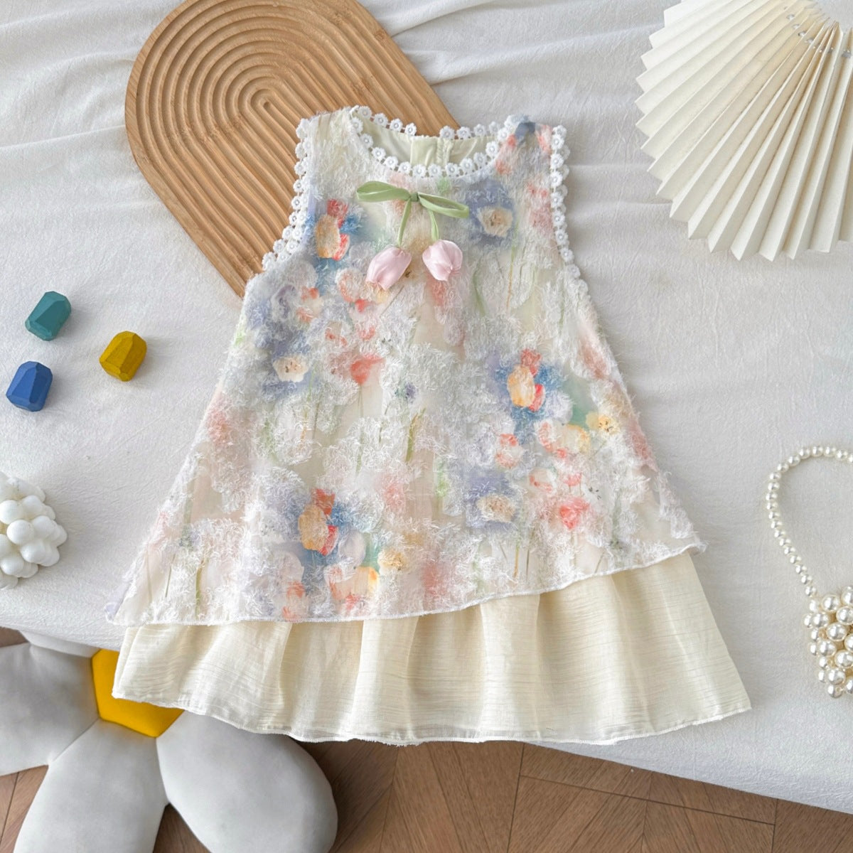 Summer Girls' Dress with Lace Trim, Sleeveless Floral Tank Top Dress, Little Girl's Holiday Style Princess Dress, Cross-Border