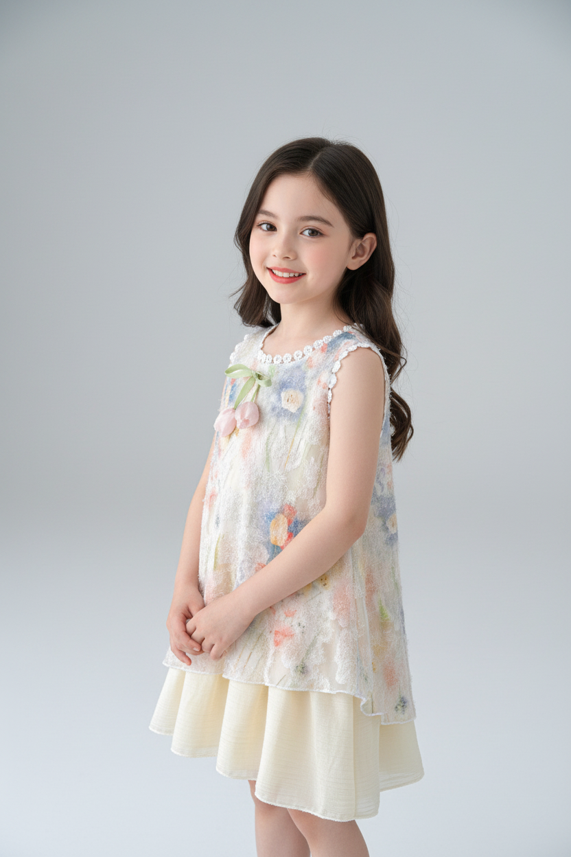 Girls' Sleeveless Floral Lace Trim Princess Dress
