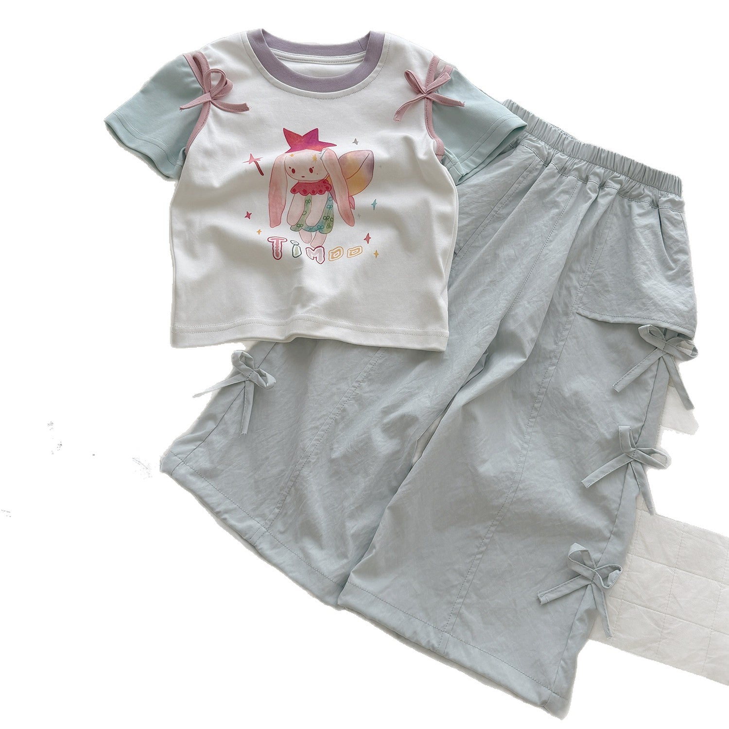 Orange Brand Girls' 2026 New Summer Trendy Stylish Bow Sleeve T-Shirt and Pants Cool Set