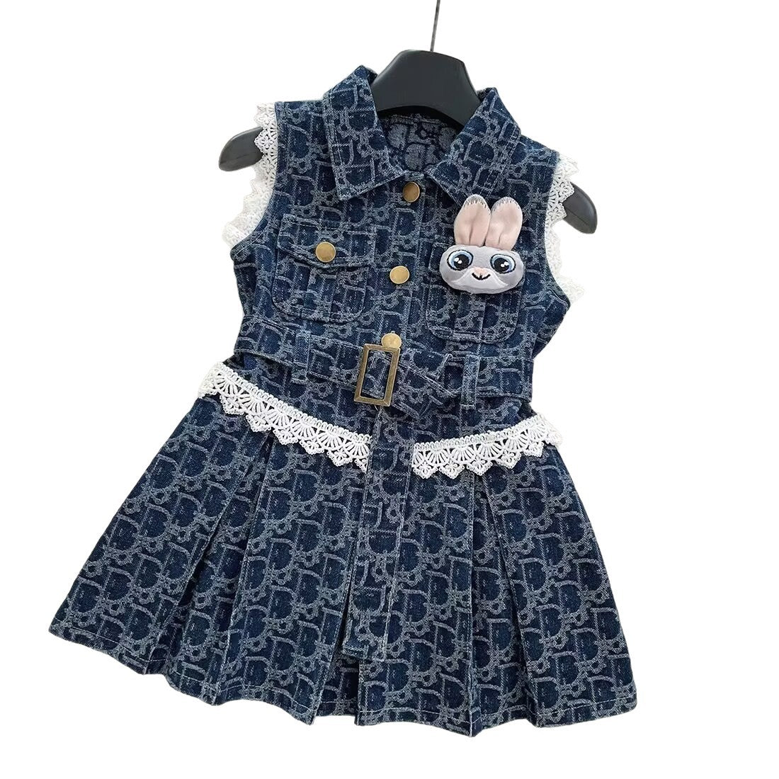 Girl's Denim Dress 2025 Summer New Lace Lapel Vessel Dress Girl's Korean Style Skirt