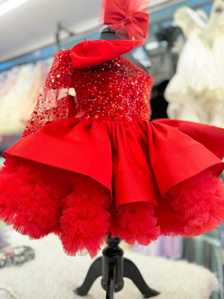 Disney-Inspired Girls' One-Shoulder Sequin Princess Gown with Oversized Bow