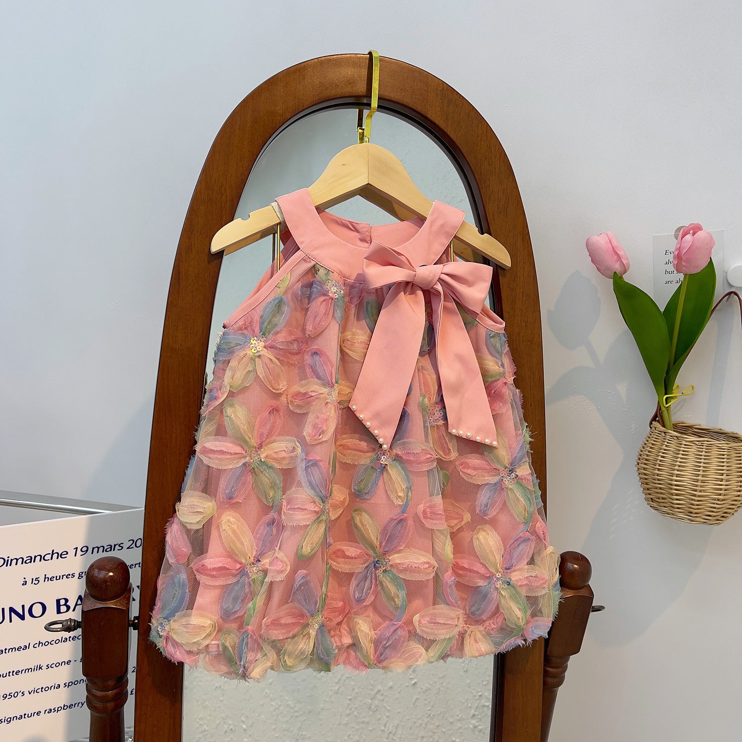 2026 New Summer Style Girls' Korean-Style Three-Dimensional Petal Patchwork Ultra-Fairy Large Bow Pearl Stylish Dress