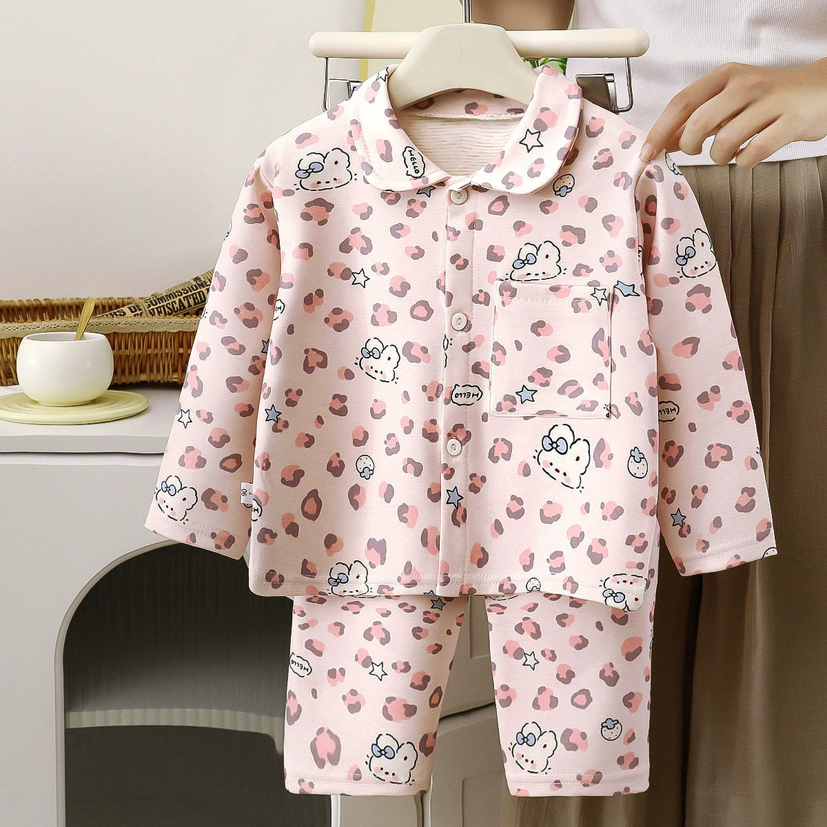 Children's Autumn and Winter Pajamas, Boys' and Girls' Wool and Silk Home Wear Set, Toddler's Turn-down Collar Cardigan Two-piece Set