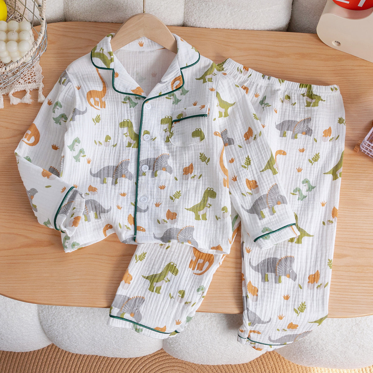 Children's Pajamas Class a Pure Cotton Printed Long-Sleeved Cardigan Lapel Set Cartoon Printed Pajamas Cute Kidsren's Clothing Set