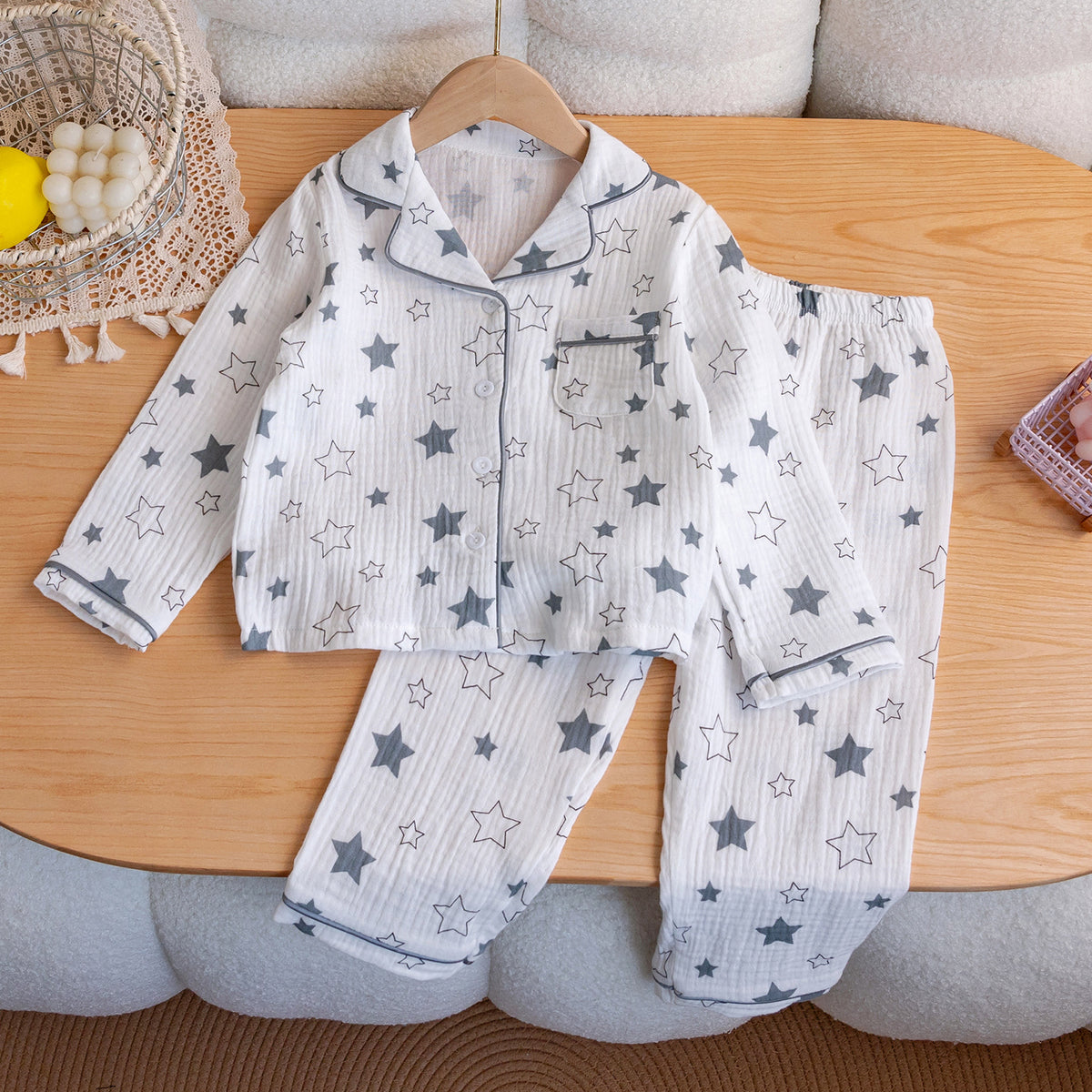 Children's Pajamas Class a Pure Cotton Printed Long-Sleeved Cardigan Lapel Set Cartoon Printed Pajamas Cute Kidsren's Clothing Set