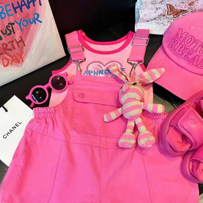 Girls' Summer Casual Overalls Stylish Rose Red Suspender Pants 2026 New Model for Older Children Loose and Versatile