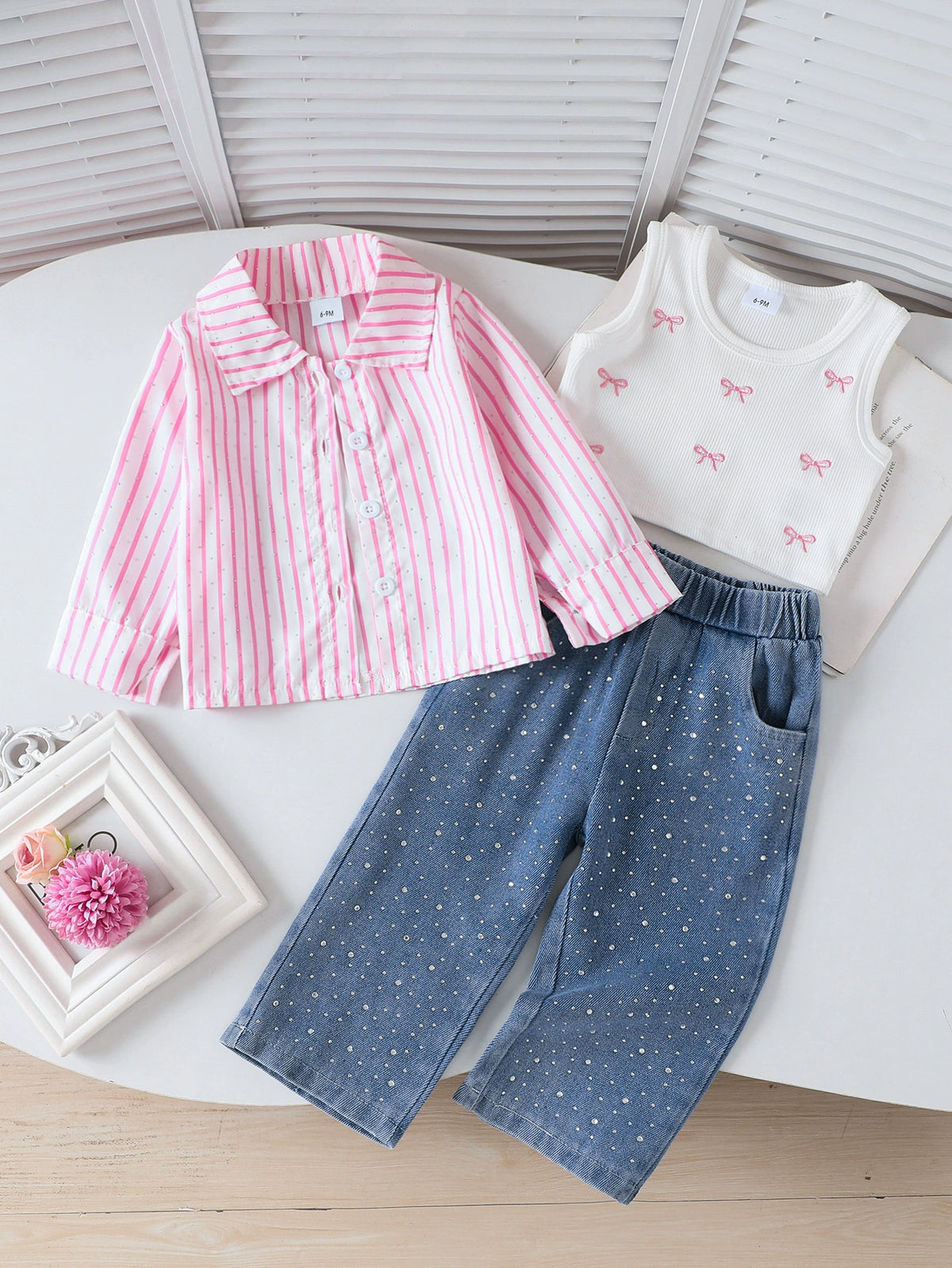 Cross-Border Children's Clothing Ins Style Girl's Outfit Pink and White Striped Sequin Shirt + Bowknot Vest + Jeans