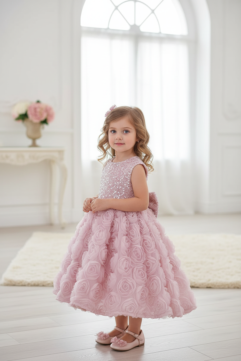 Girls' Pink Rose Sequin Princess Dress