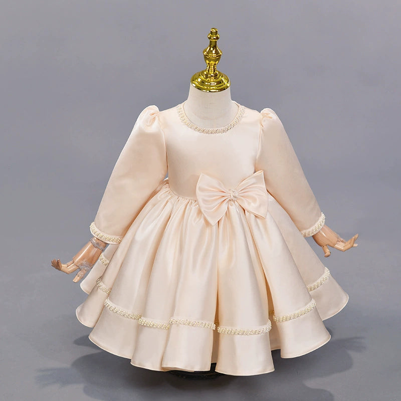 Factory Direct Sale In-Stock Champagne-Colored Satin Girls' Dress with Pearl Bow and Long Sleeves, Baby's First Birthday Princess Dress