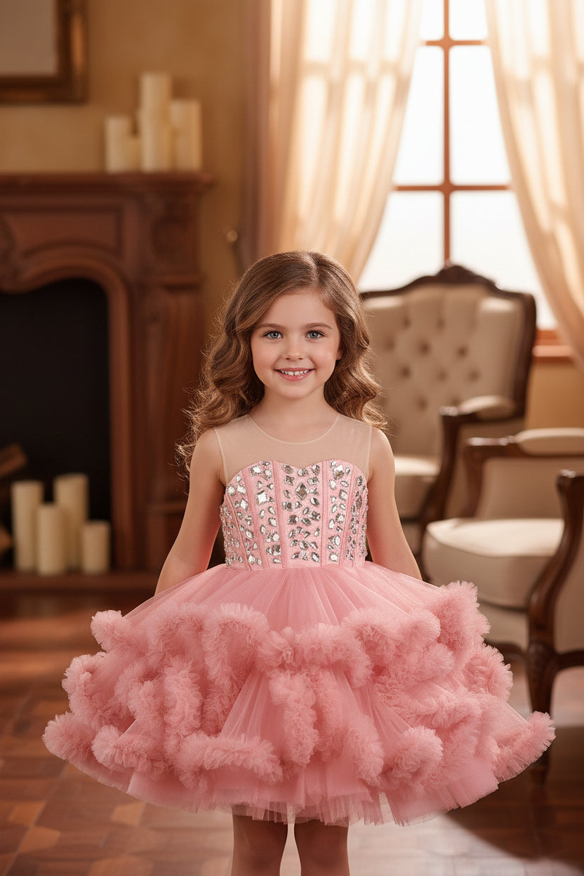 High-End Girls' Formal Dress, Pink Evening Gown, Girls' Puffy Skirt, Light Luxury Niche Host Performance Princess Dress