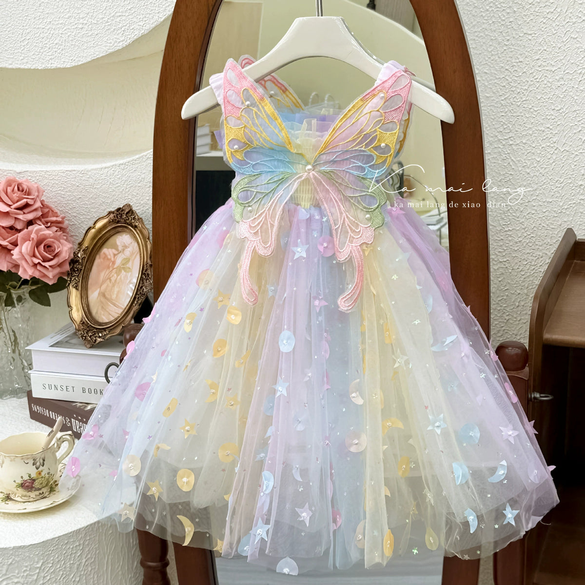 Girls' Dress 2025 Summer Butterfly Sequin Stylish Birthday Dress Princess Dress Little Girl Rainbow Dress