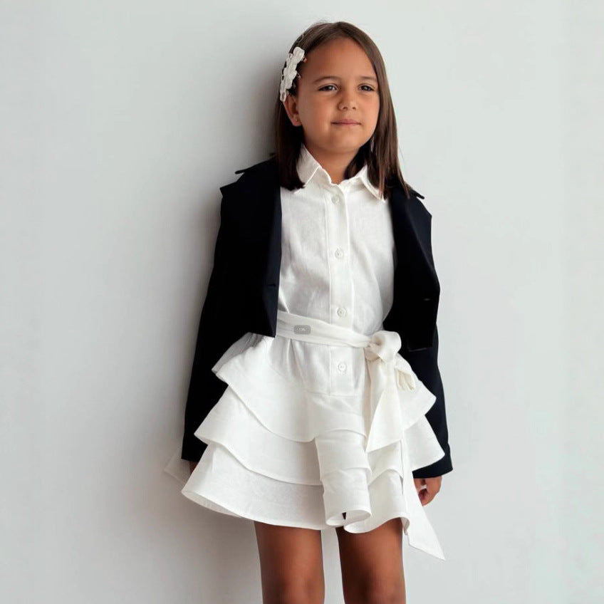 2025 Ins Russian Girls Linen Fashion Ruffled Princess Dress Jk Belt Elegant Lapel Dress