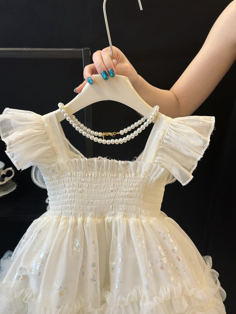 Girls' Princess Dress Summer 2026 New Style Beautiful and Stylish White Dress for Girls with Butterfly Wings