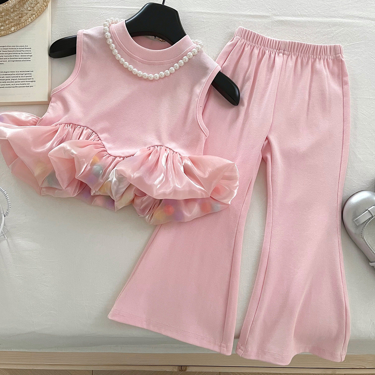 2026 New Summer Girls' Outfit Sleeveless Floral T-Shirt Lace Leggings Thin Princess Set 17284