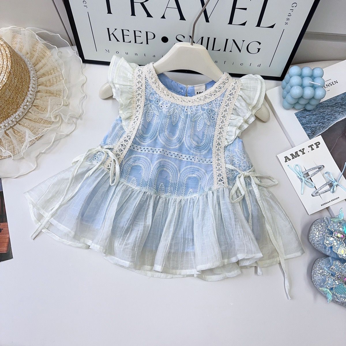 Girls' suit 2025 Summer New Flying Sleeve Lace Vest Top Shorts Korean Style Baby Girl Princess Two-piece Set