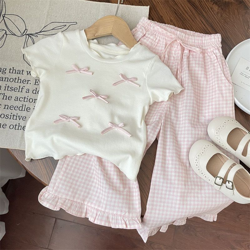 Girls' Summer Outfit 2026 New Korean Style Bowknot Short-Sleeve T-Shirt with Plaid Lace Wide-Leg Pants Two-Piece Set