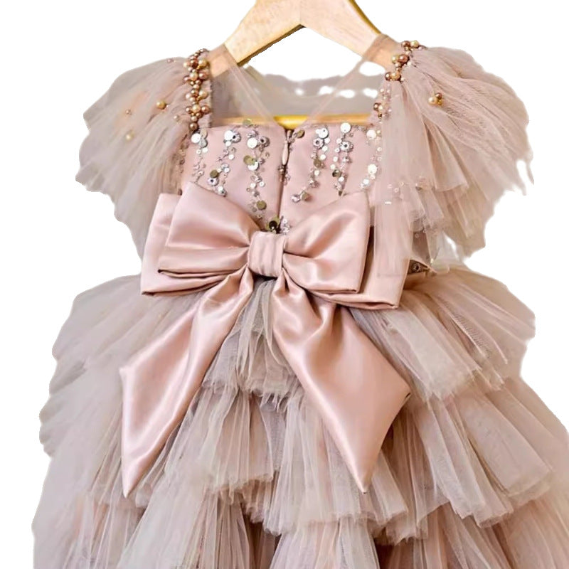 Girls' Dress 2026 New Style Sequined Layered Bow Children's Dress Puffy Mesh Princess Dress Catwalk Performance Outfit