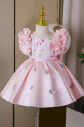 Girls Pink Floral Party Dress with Ruffle Sleeves & Oversized Bow – Embellished A-Line Frock