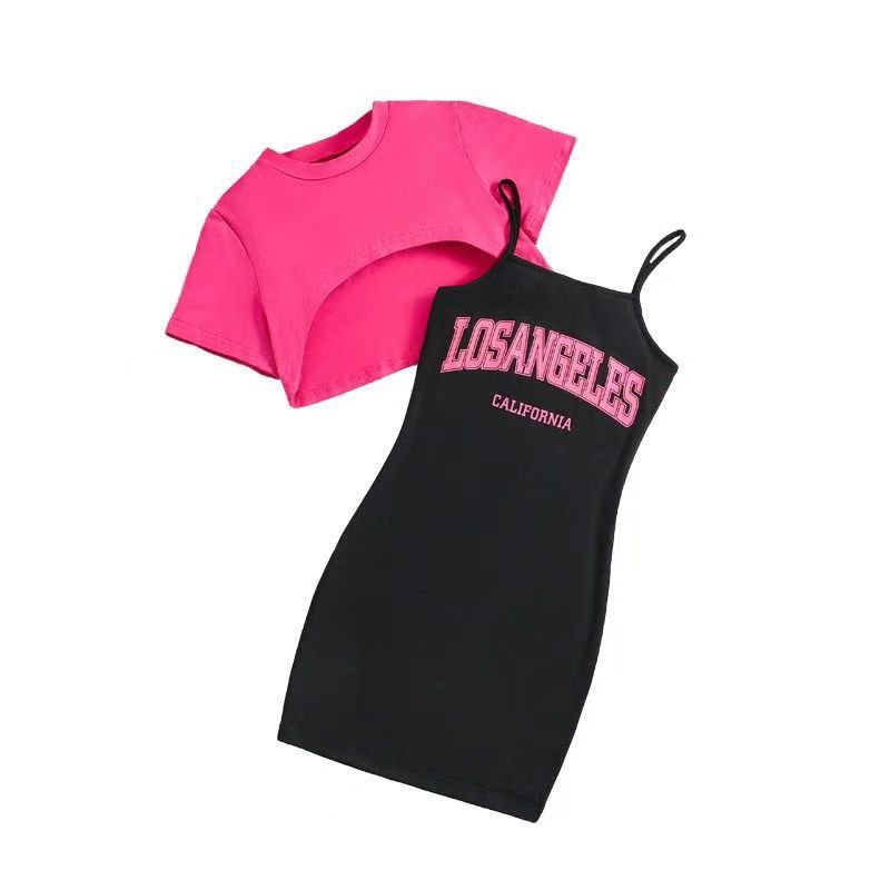 Fashion Kids Summer New Girls' Fashion Western-style Letter Printed Slip Skirt Short-sleeved Short Top