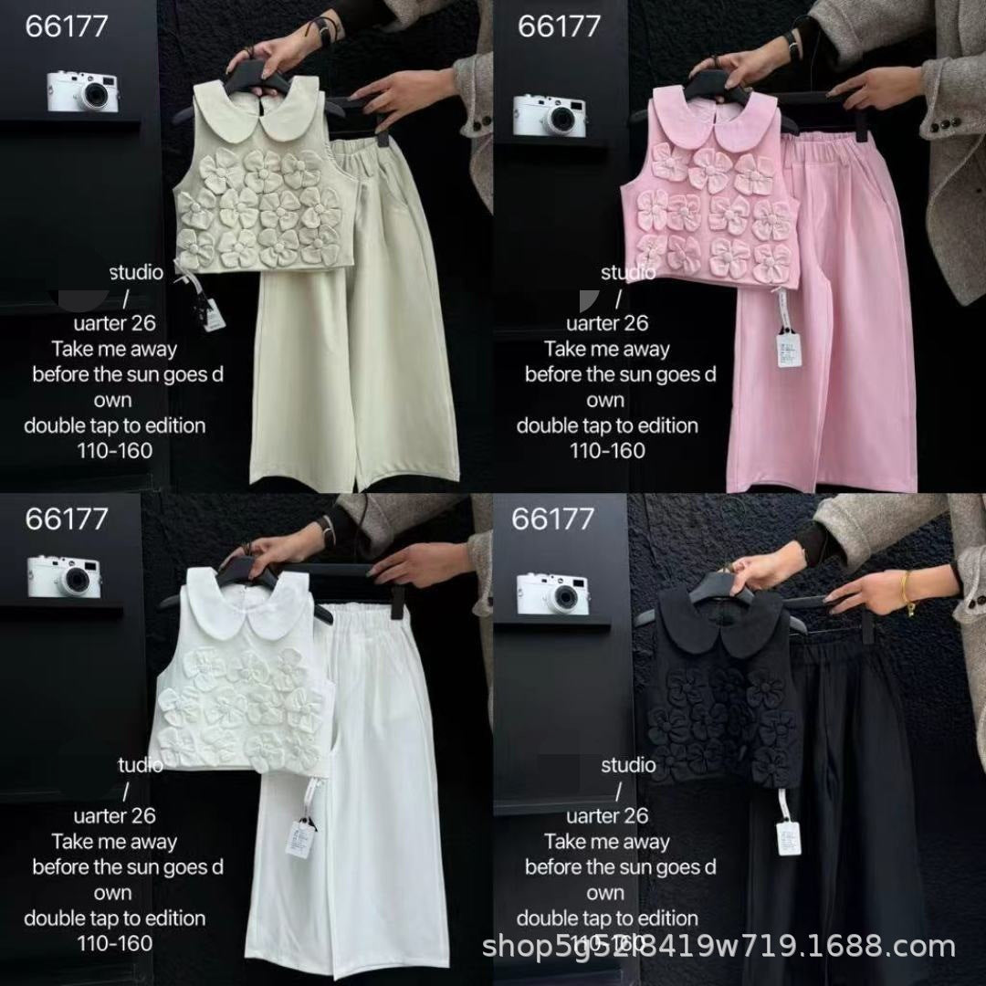 Cute Girls' Outfit Set Size 110-160, 2026 Summer Style, Korean Version, Stylish Floral Two-Piece Set for Girls 7P6177